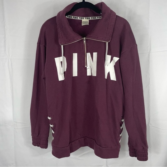 Victoria’s Secret Pink Sweatshirt 1/2 Zip Pullover Lace up Side Details Big Logo - Picture 1 of 8